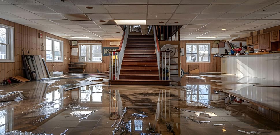 Flooded indoor space after water damage in commercial building.