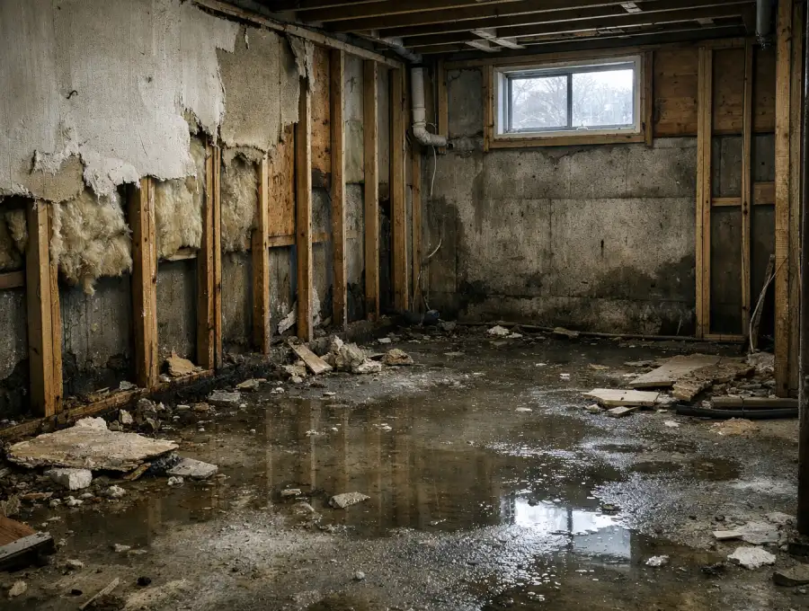 Basement inspection for flooded basement repair in Maine using moisture meter on damp foundation wall