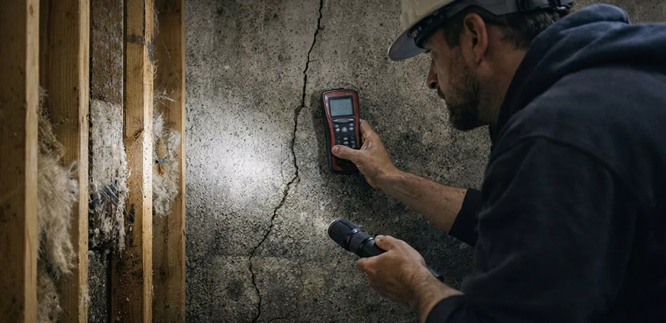 Basement inspection for flooded basement repair in Maine using moisture meter on damp foundation wall