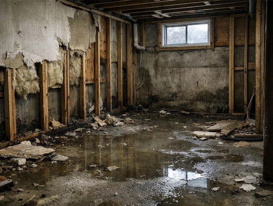 Flooded basement repair in Maine showing water-damaged framing and insulation after spring flooding