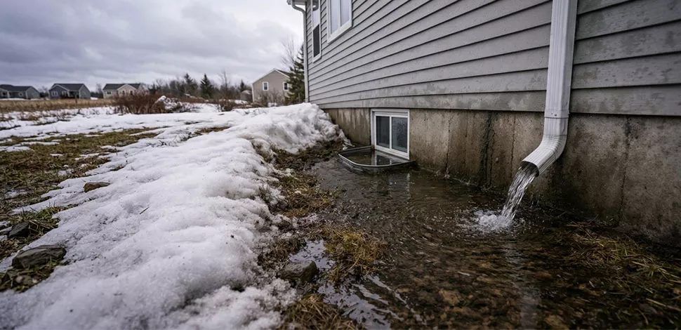 Spring thaw water intrusion near foundation in Maine showing risk for flooded basement repair