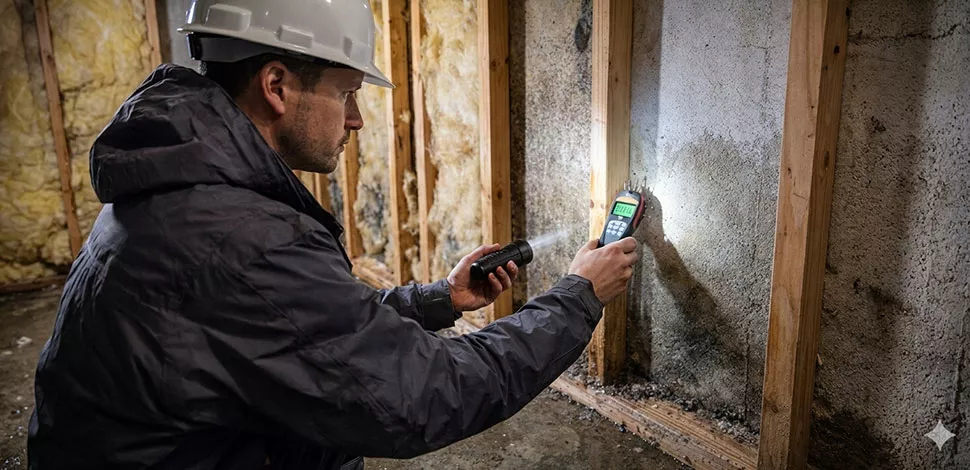Basement inspection for flooded basement repair in Maine using a moisture meter on exposed framing
