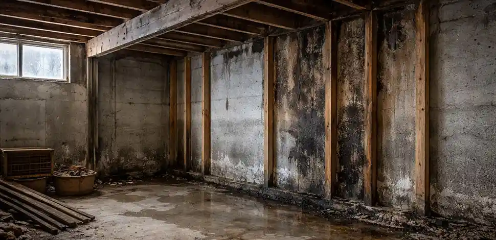 basement structural damage caused by long term moisture exposure after water intrusion