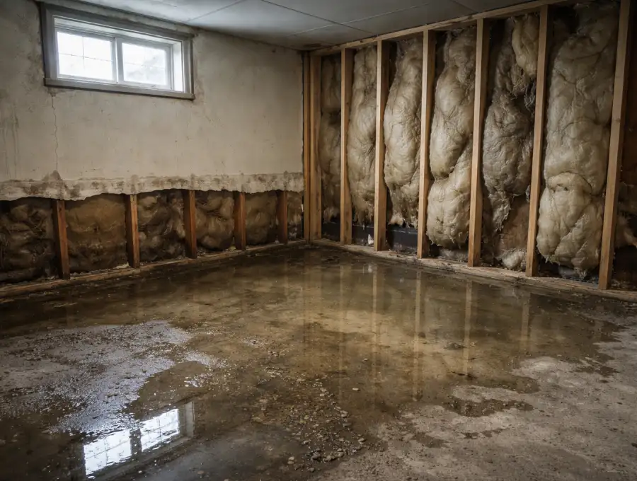 Flooded basement repair in Maine showing standing water, exposed insulation, and structural water damage