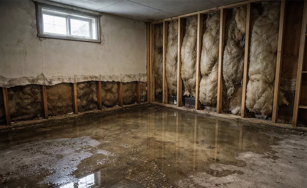 Flooded basement repair in Maine showing standing water, exposed insulation, and structural water damage