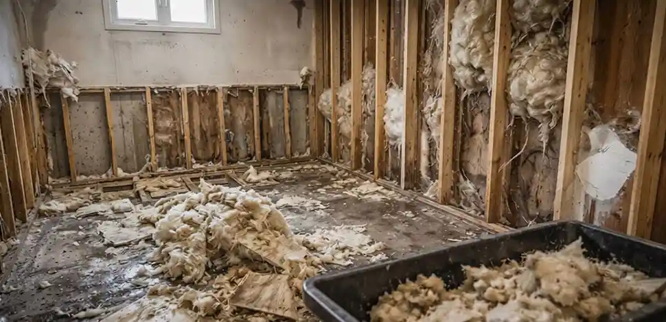 Flooded basement repair process with workers removing damaged drywall and insulation during reconstruction