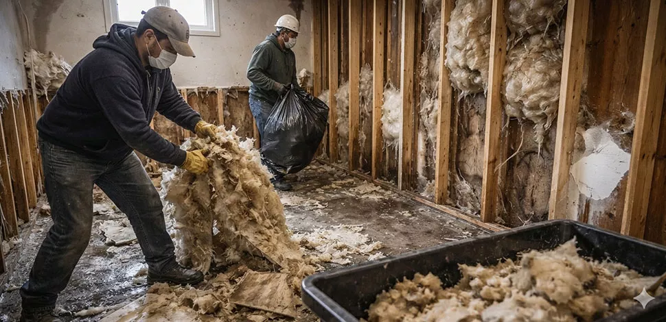 Flooded basement repair process with workers removing damaged drywall and insulation during reconstruction
