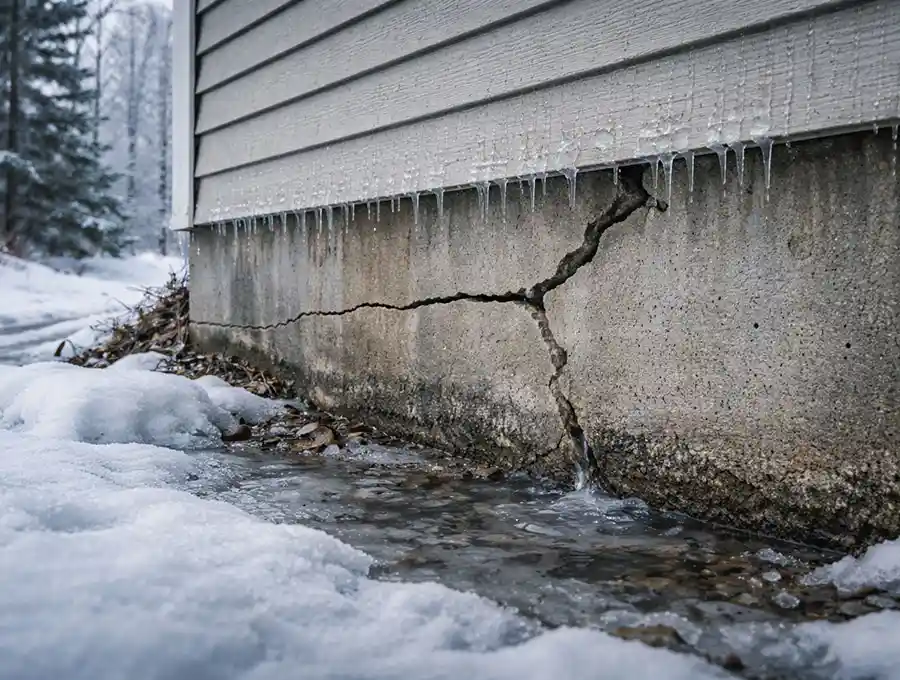 foundation crack caused by water intrusion and freeze thaw damage in Maine home