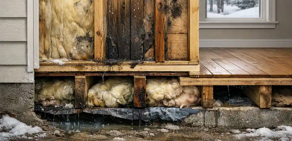 hidden moisture damage inside wall insulation and wood framing showing deterioration and mold