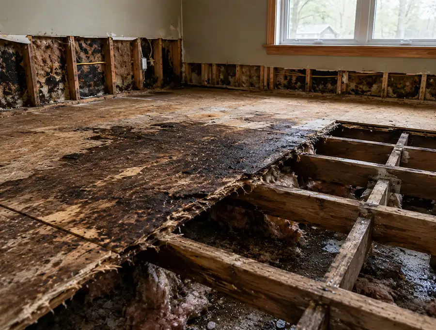 Structural damage affecting reconstruction cost in Maine with exposed subfloor and weakened floor joists
