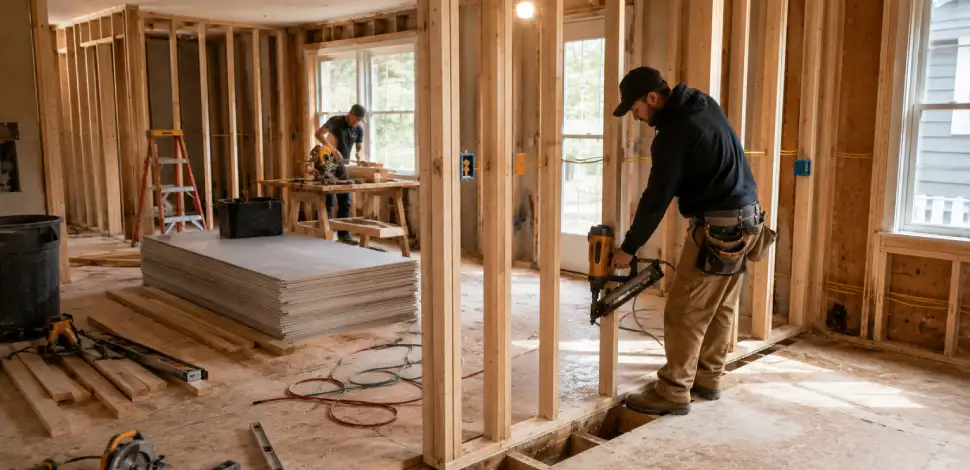 reconstruction work underway after water damage cleanup