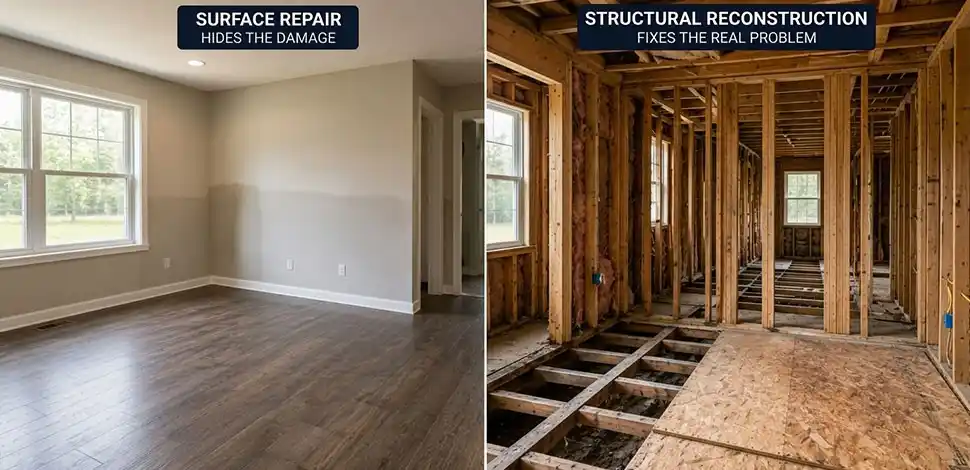 Structural reconstruction vs surface repair comparison showing hidden damage beneath finished surfaces