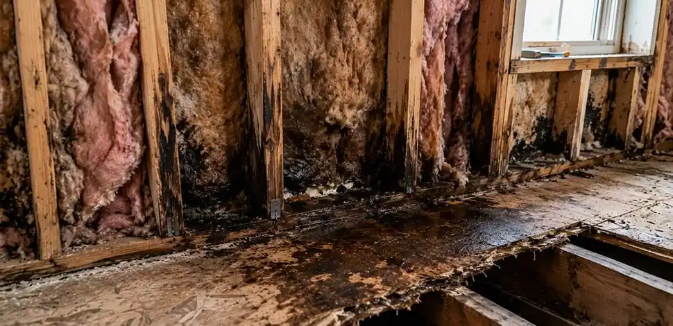 Water damage increasing reconstruction cost due to hidden moisture in framing and subfloor systems