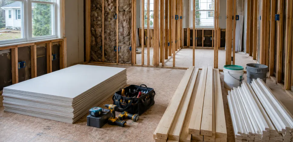Rebuild phase after mitigation with exposed framing, stacked drywall, lumber, trim materials, and organized tools.