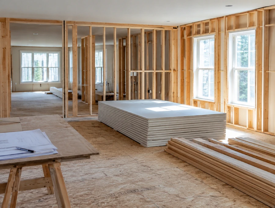 Residential interior ready for insurance reconstruction with exposed framing, stacked drywall, lumber, and scope review documents after mitigation.