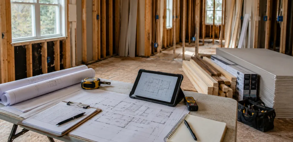 Insurance reconstruction planning setup with exposed studs, building materials, measuring tape, tablet, and scope review documents.
