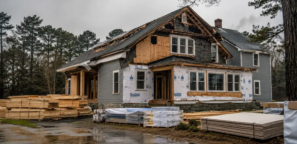 Storm-damaged home undergoing reconstruction with exposed exterior materials and staged building supplies after severe weather.