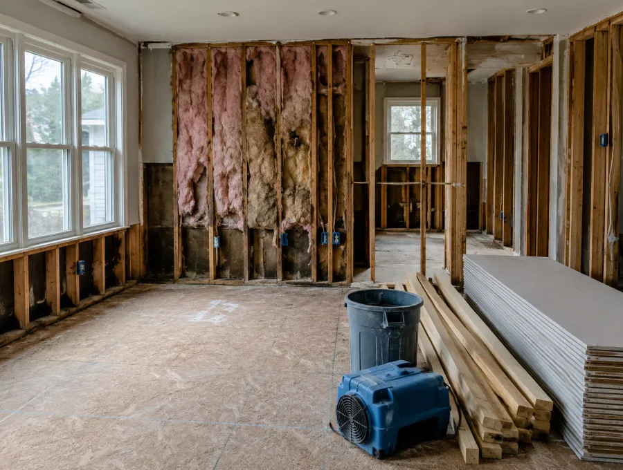 Interior reconstruction after wind-driven rain with exposed wall studs, removed drywall, damaged insulation, and rebuild materials.