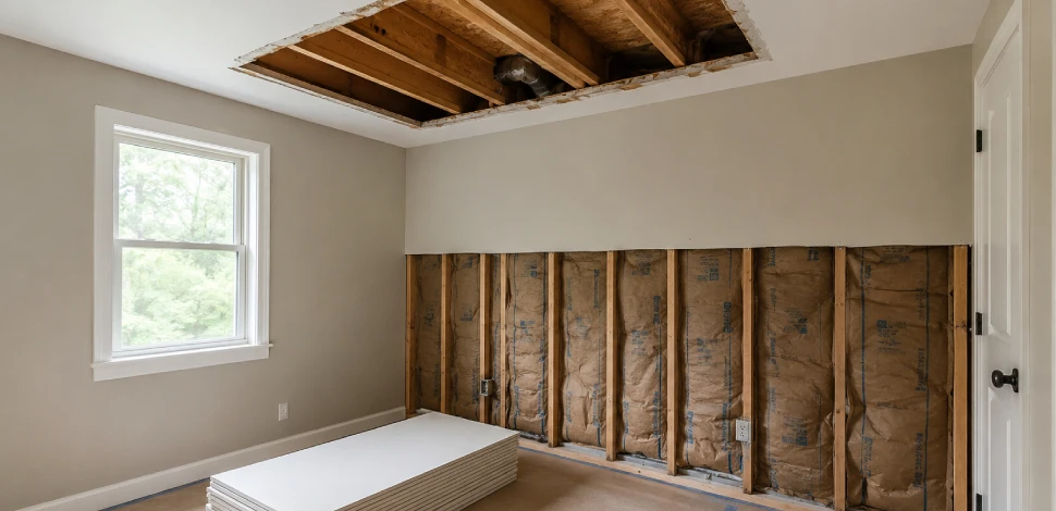 Ceiling drywall and insulation removed before rebuilding after a roof leak