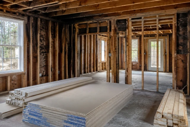 Opened framing ready for fire damage reconstruction in Maine or New Hampshire