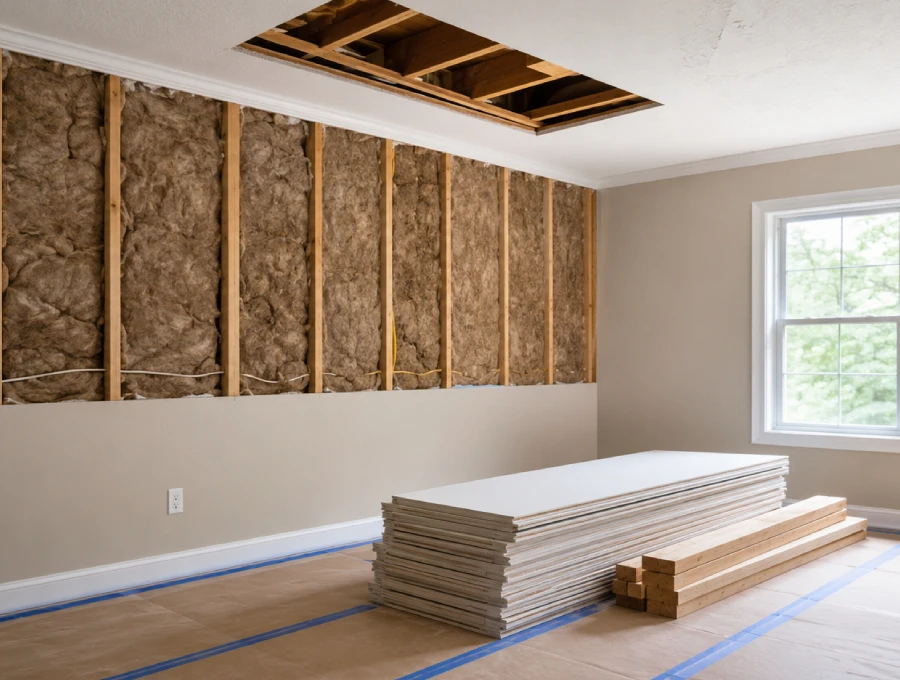 Exposed ceiling and wall framing during interior reconstruction after a roof leak