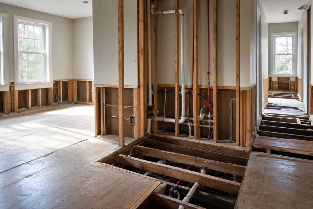Reconstruction-ready Maine or New Hampshire home interior with exposed wall framing, plumbing lines, and removed flooring after a major pipe burst.