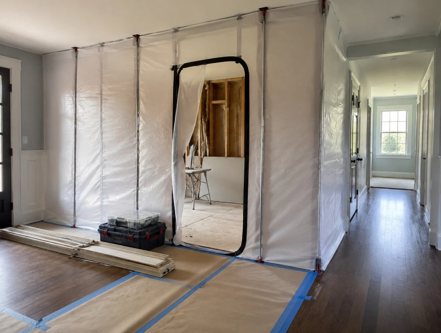 Illustrative separated residential work area during reconstruction