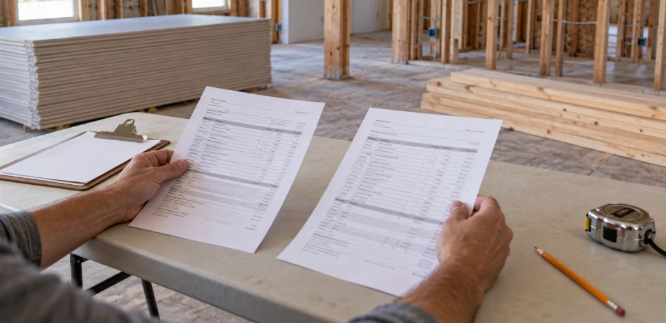 Contractor measuring exposed framing while reviewing the reconstruction scope