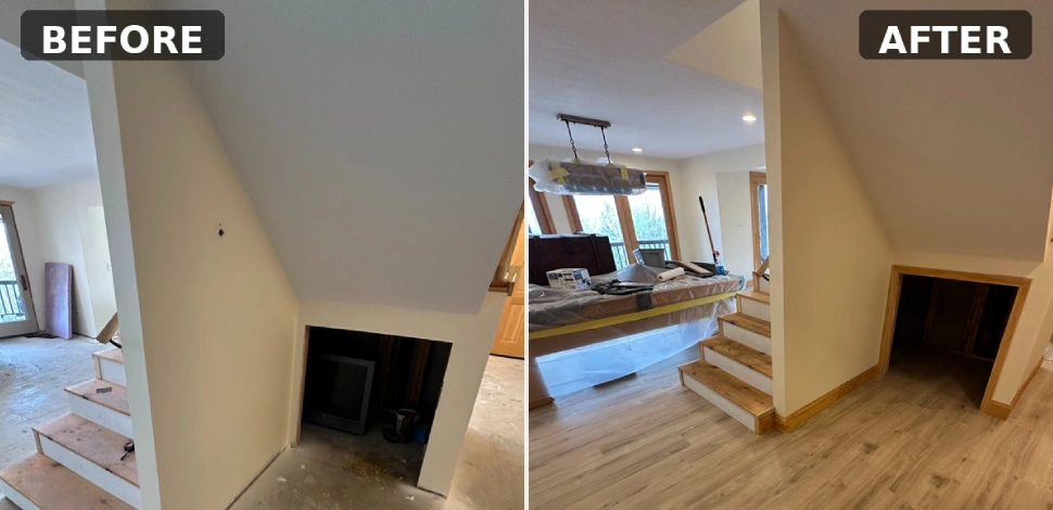 Completed basement after water-damage reconstruction in Conway, New Hampshire