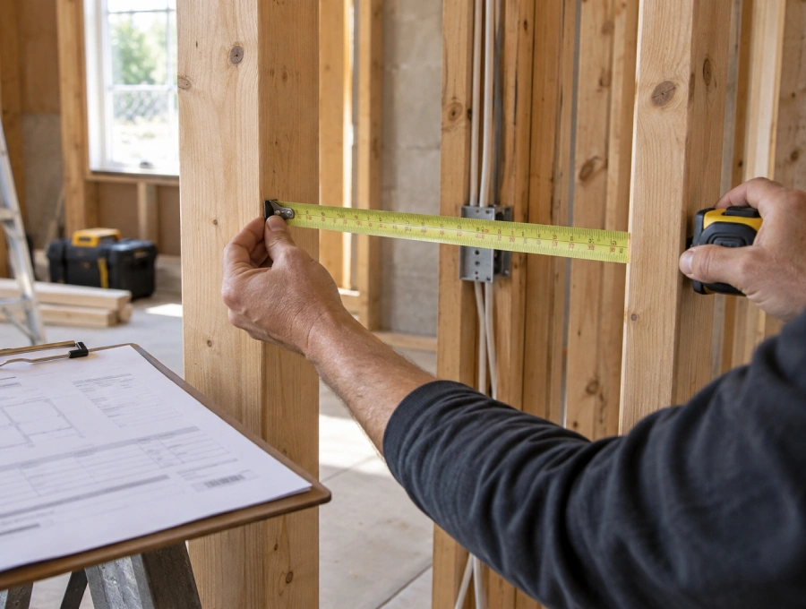 Homeowner reviewing reconstruction estimates inside a property prepared for rebuilding