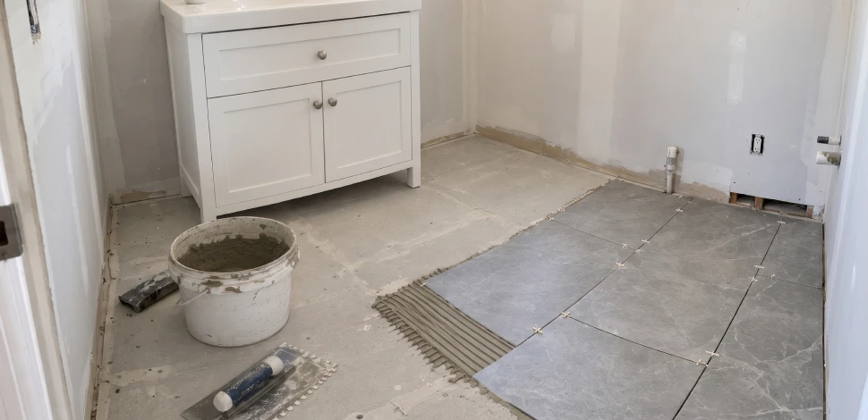 New tile being installed on a bathroom floor during a rebuild after water damage