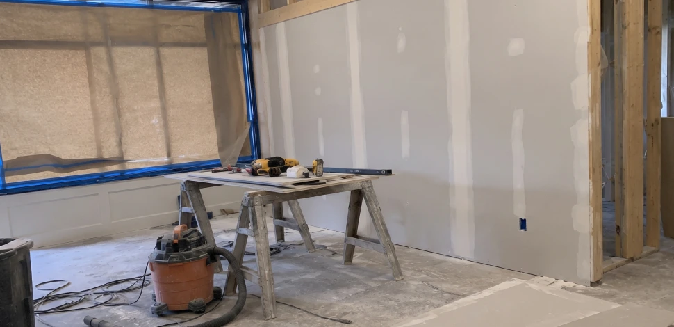 Small storefront interior being rebuilt with new framing and drywall