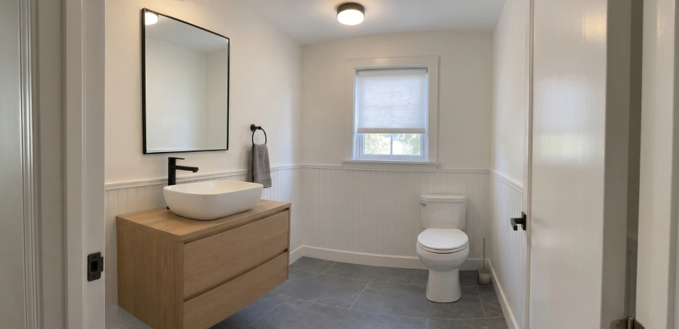 Small half bathroom with an oak floating vanity, beadboard wainscoting and slate-look tile floor
